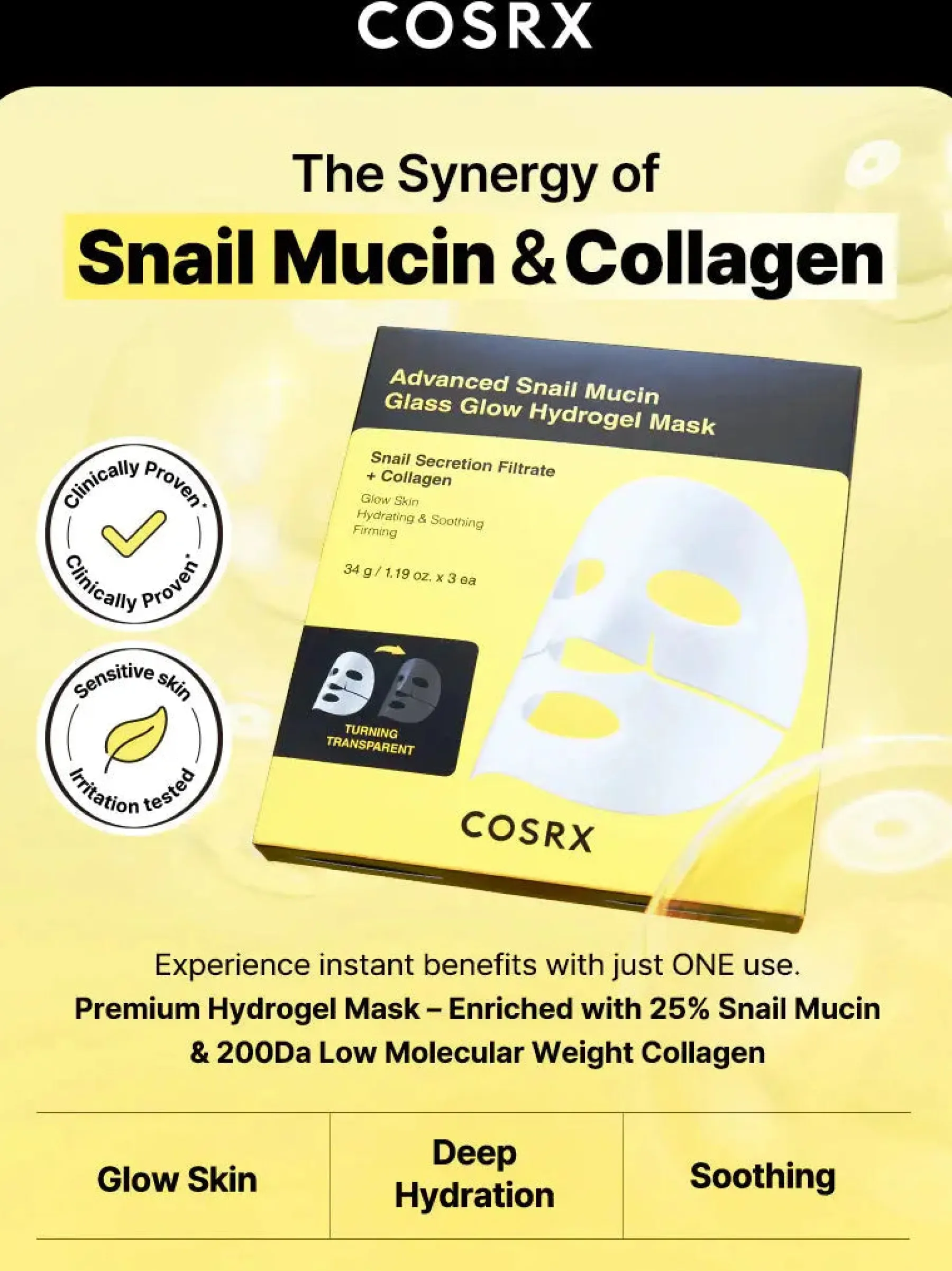 New Advanced Snail Mucin Glass Glow Hydrogel Mask 3-Pack Hauptzutat|Gesichtsmasken